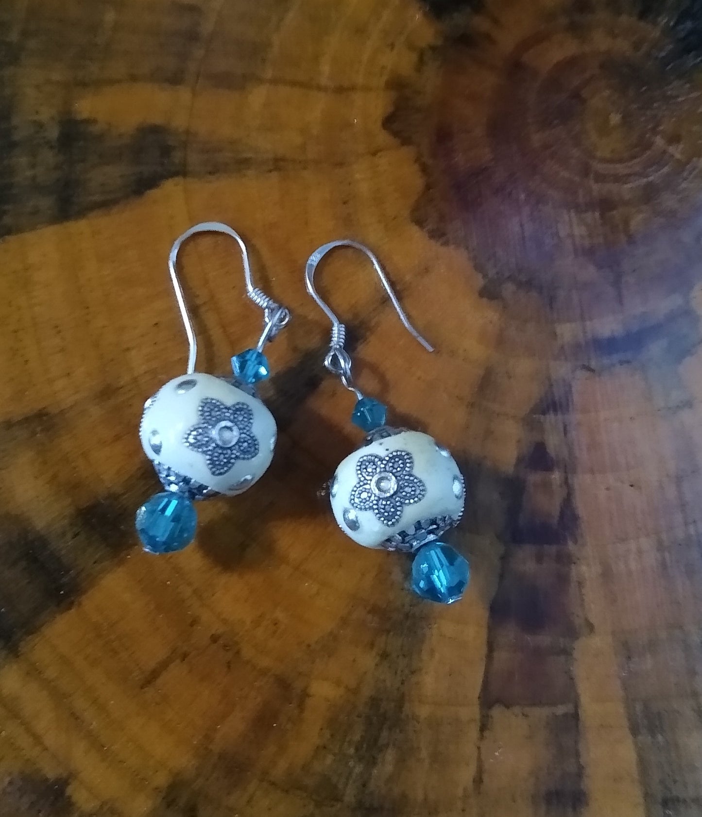 Dangle Earrings, White & Blue